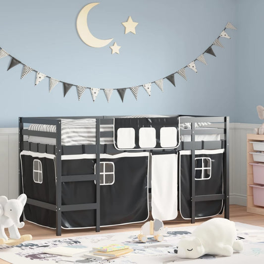 Kids' Loft Bed with Curtains White&Black 80x200cm Solid Wood Pine