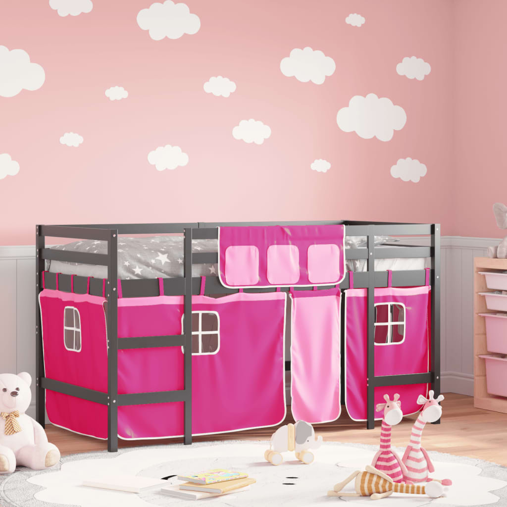 Kids' Loft Bed with Curtains Pink 80x200cm Solid Wood Pine