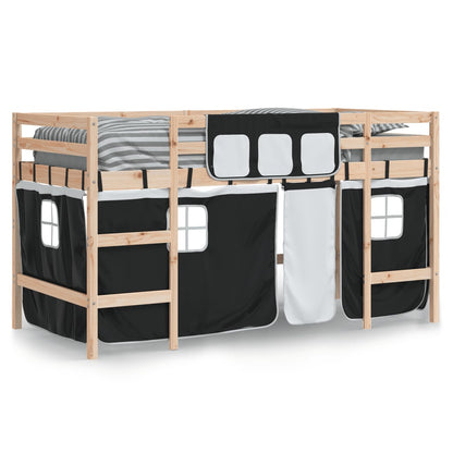 Kids' Loft Bed with Curtains White&Black 90x200cm Solid Wood Pine