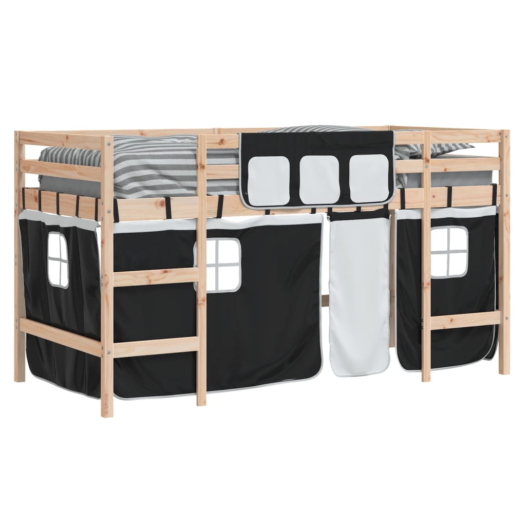 Kids' Loft Bed with Curtains White&Black 90x200cm Solid Wood Pine