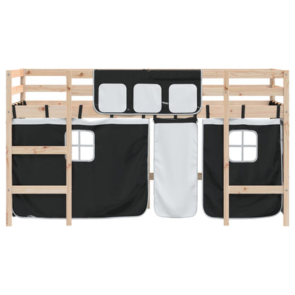 Kids' Loft Bed with Curtains White&Black 90x200cm Solid Wood Pine