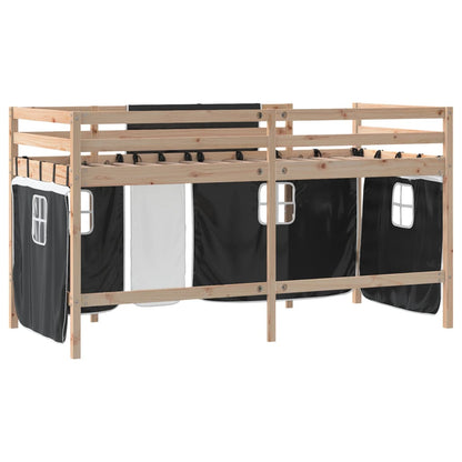 Kids' Loft Bed with Curtains White&Black 90x200cm Solid Wood Pine