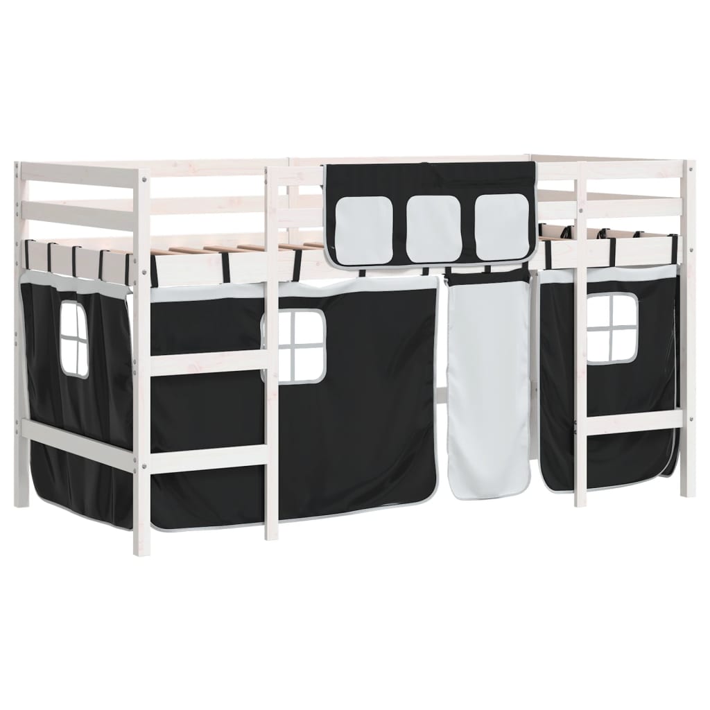 Kids' Loft Bed with Curtains White&Black 90x200cm Solid Wood Pine