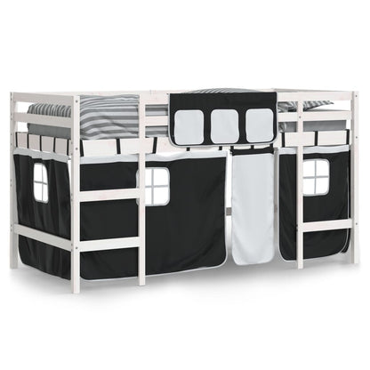 Kids' Loft Bed with Curtains White&Black 90x200cm Solid Wood Pine