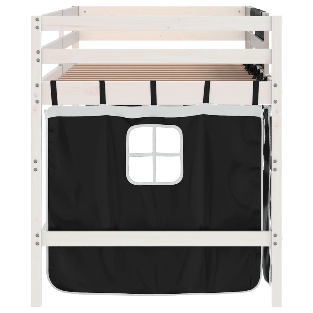 Kids' Loft Bed with Curtains White&Black 90x200cm Solid Wood Pine