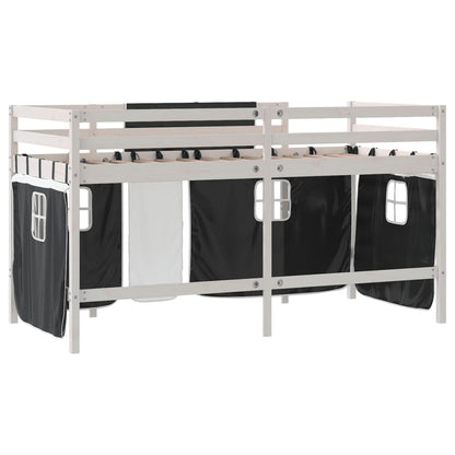 Kids' Loft Bed with Curtains White&Black 90x200cm Solid Wood Pine