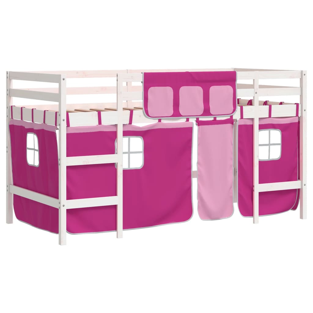 Kids' Loft Bed with Curtains Pink 90x200cm Solid Wood Pine