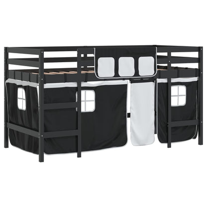 Kids' Loft Bed with Curtains White&Black 90x200cm Solid Wood Pine