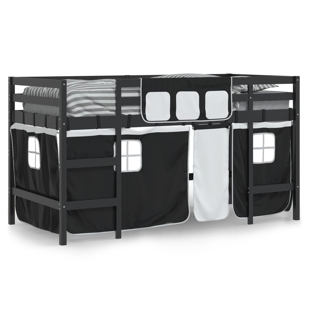 Kids' Loft Bed with Curtains White&Black 90x200cm Solid Wood Pine