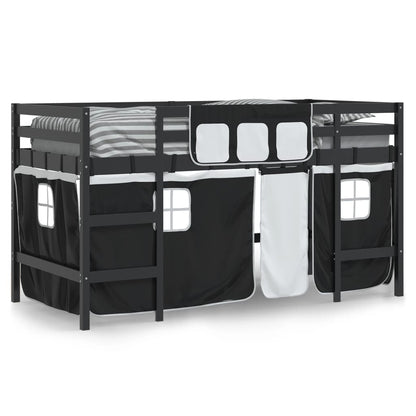 Kids' Loft Bed with Curtains White&Black 90x200cm Solid Wood Pine