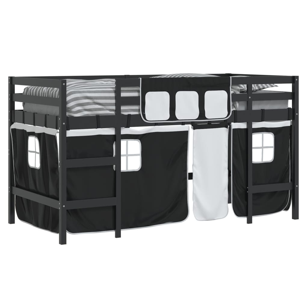 Kids' Loft Bed with Curtains White&Black 90x200cm Solid Wood Pine