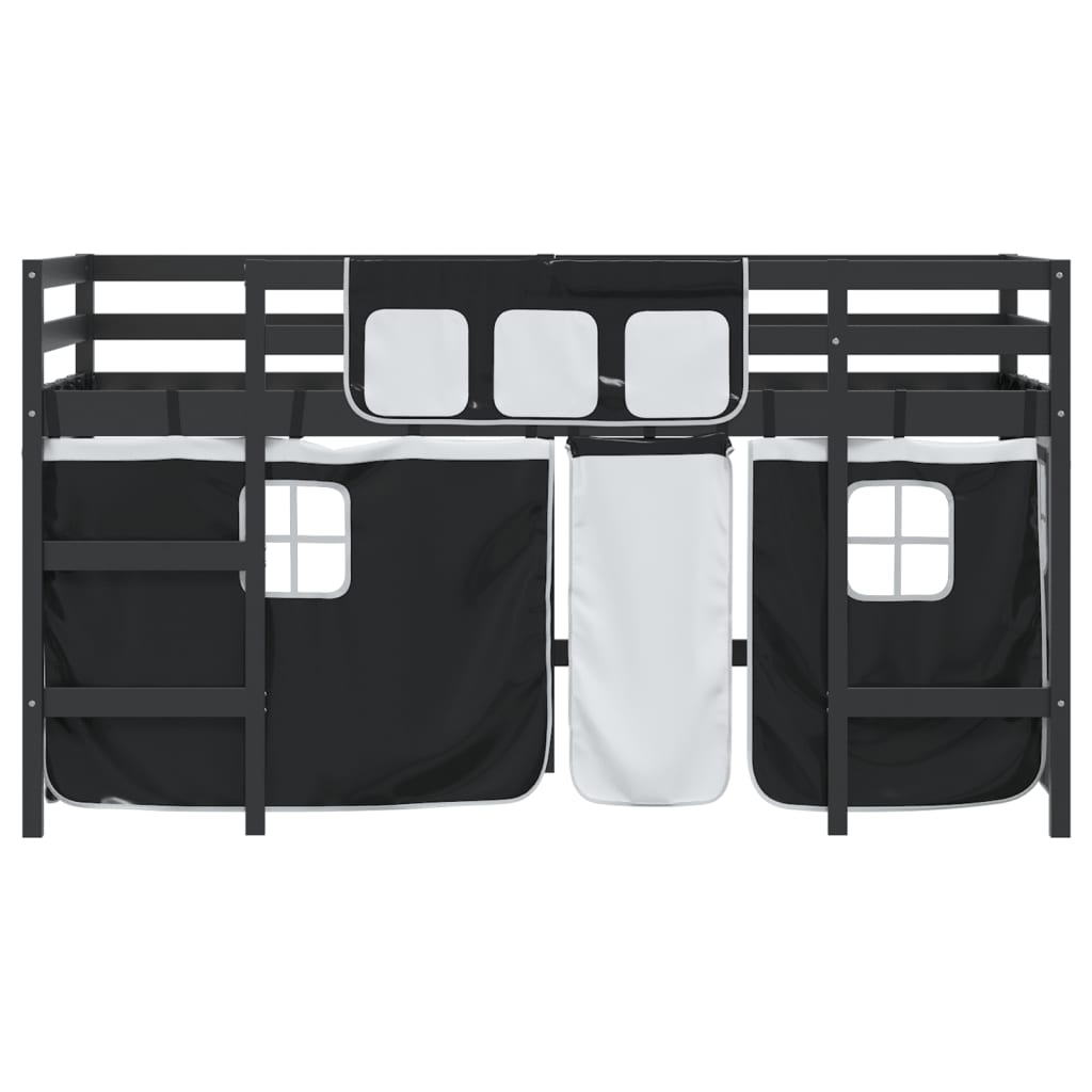 Kids' Loft Bed with Curtains White&Black 90x200cm Solid Wood Pine