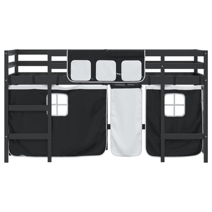 Kids' Loft Bed with Curtains White&Black 90x200cm Solid Wood Pine