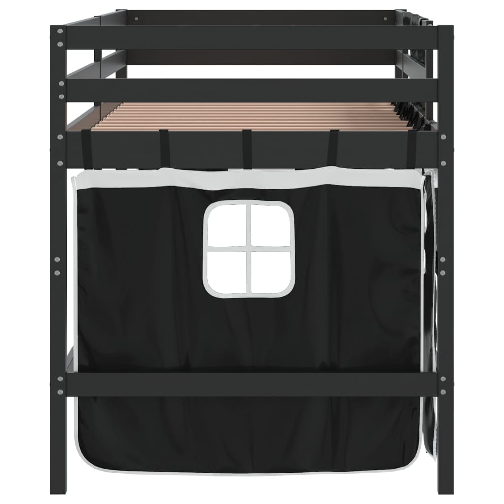 Kids' Loft Bed with Curtains White&Black 90x200cm Solid Wood Pine