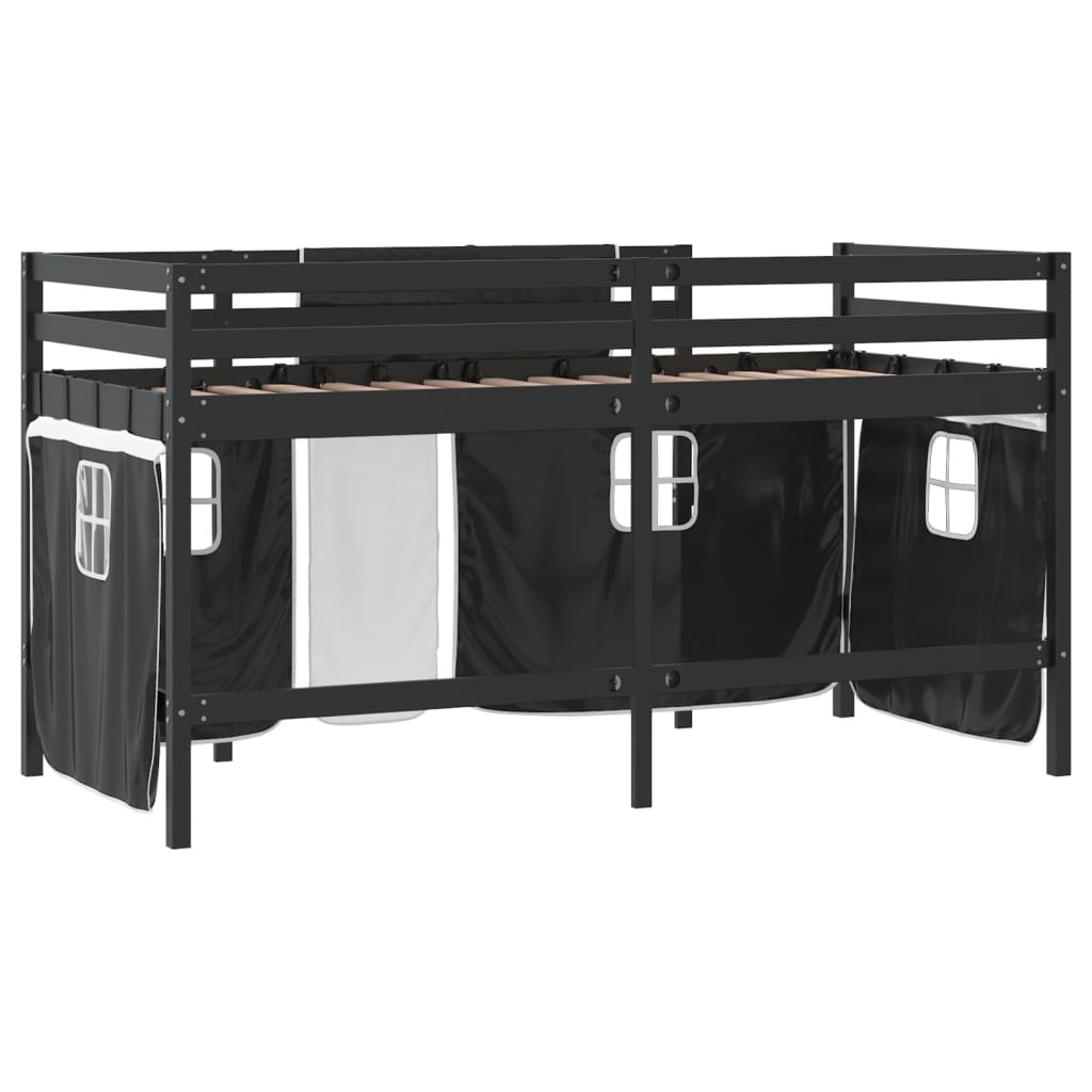 Kids' Loft Bed with Curtains White&Black 90x200cm Solid Wood Pine