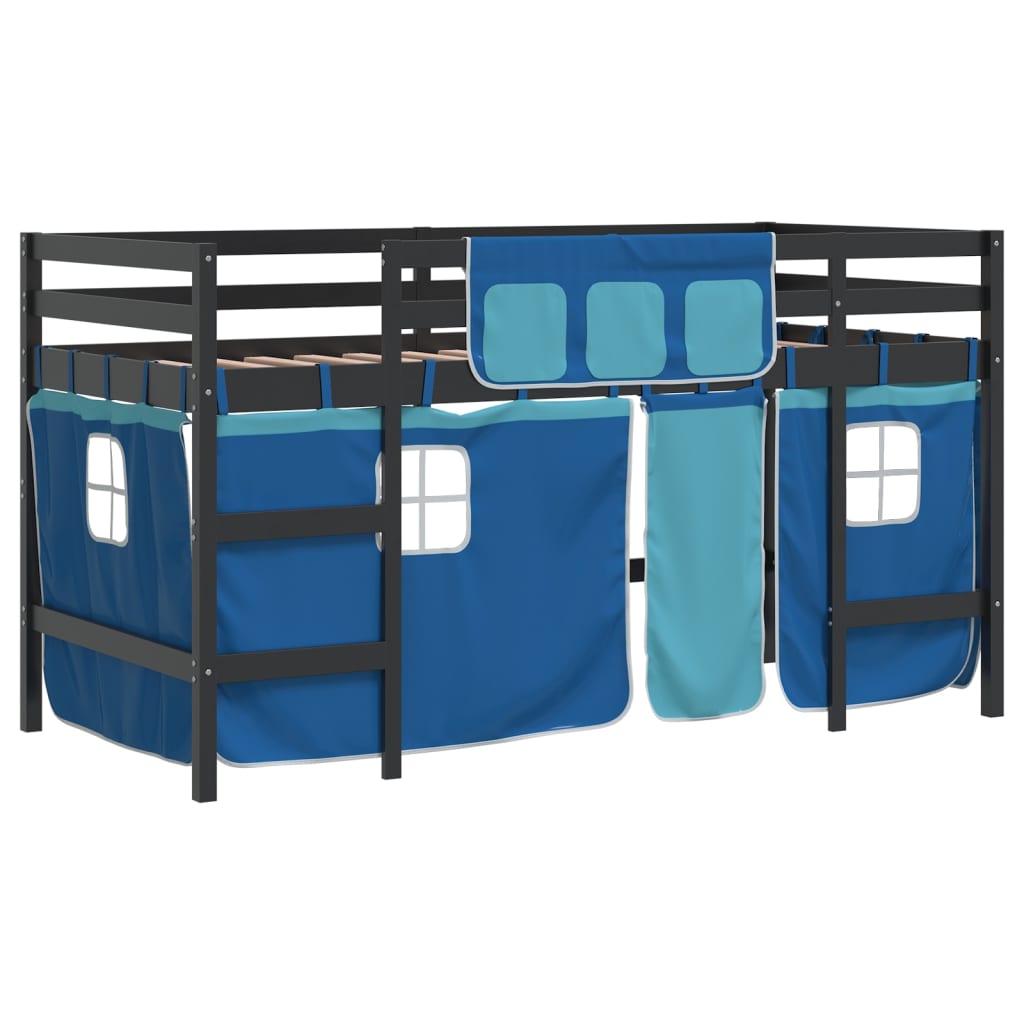 Kids' Loft Bed with Curtains Blue 90x200cm Solid Wood Pine