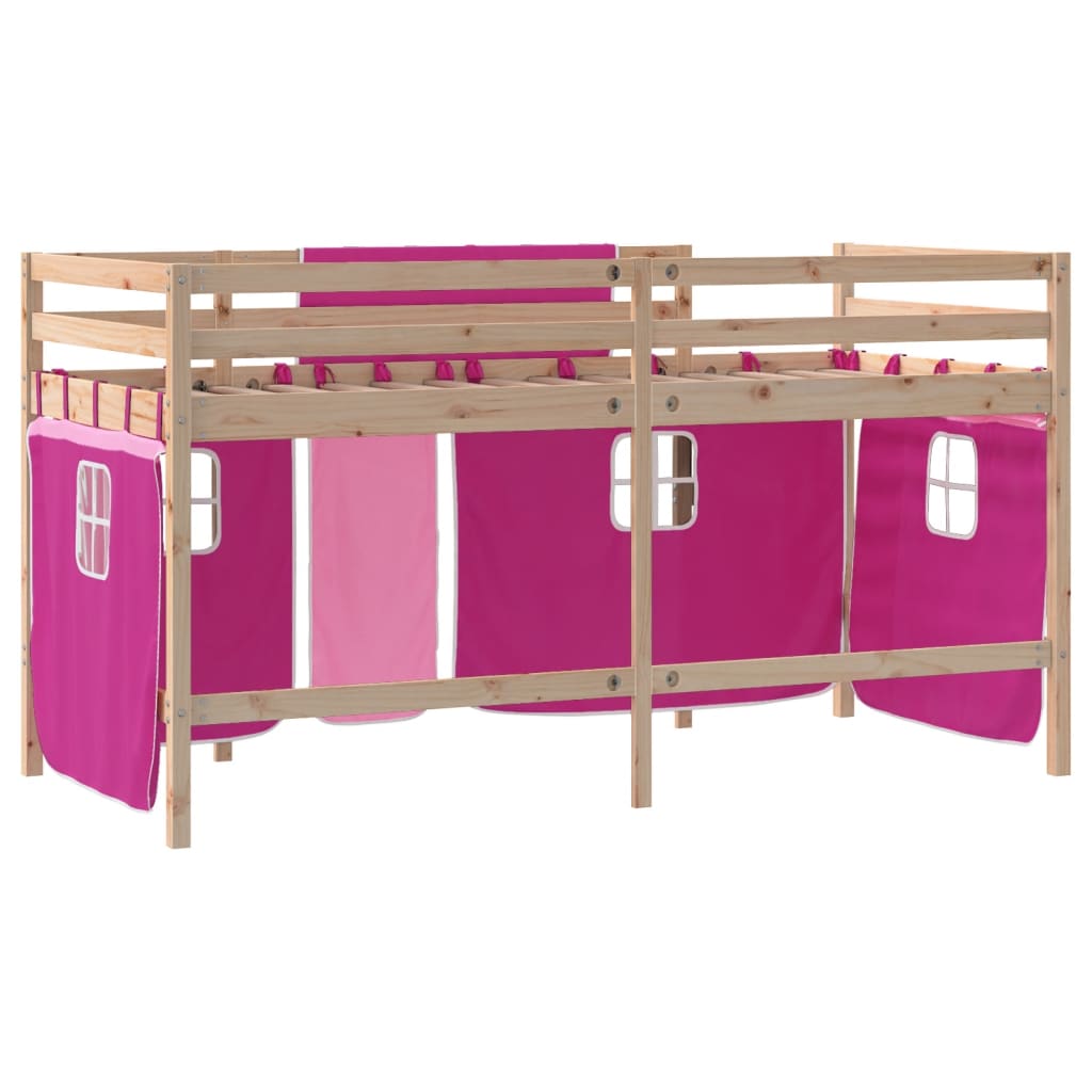 Kids' Loft Bed with Curtains Pink 90x190cm Solid Wood Pine