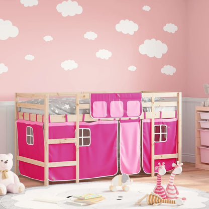 Kids' Loft Bed with Curtains Pink 90x190cm Solid Wood Pine