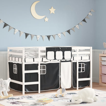 Kids' Loft Bed with Curtains without Mattress White&Black 90x190cm