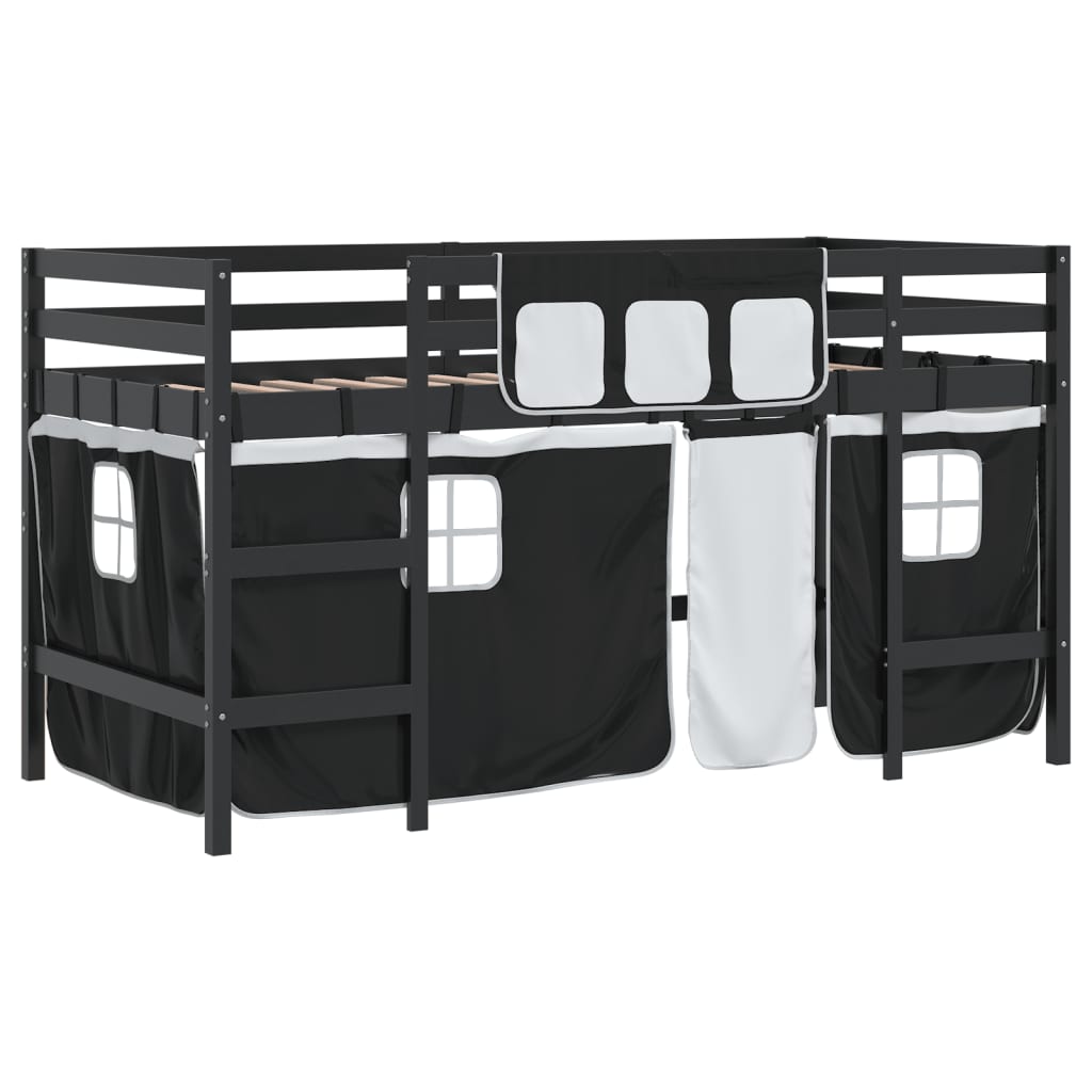 Kids' Loft Bed with Curtains White&Black 90x190cm Solid Wood Pine