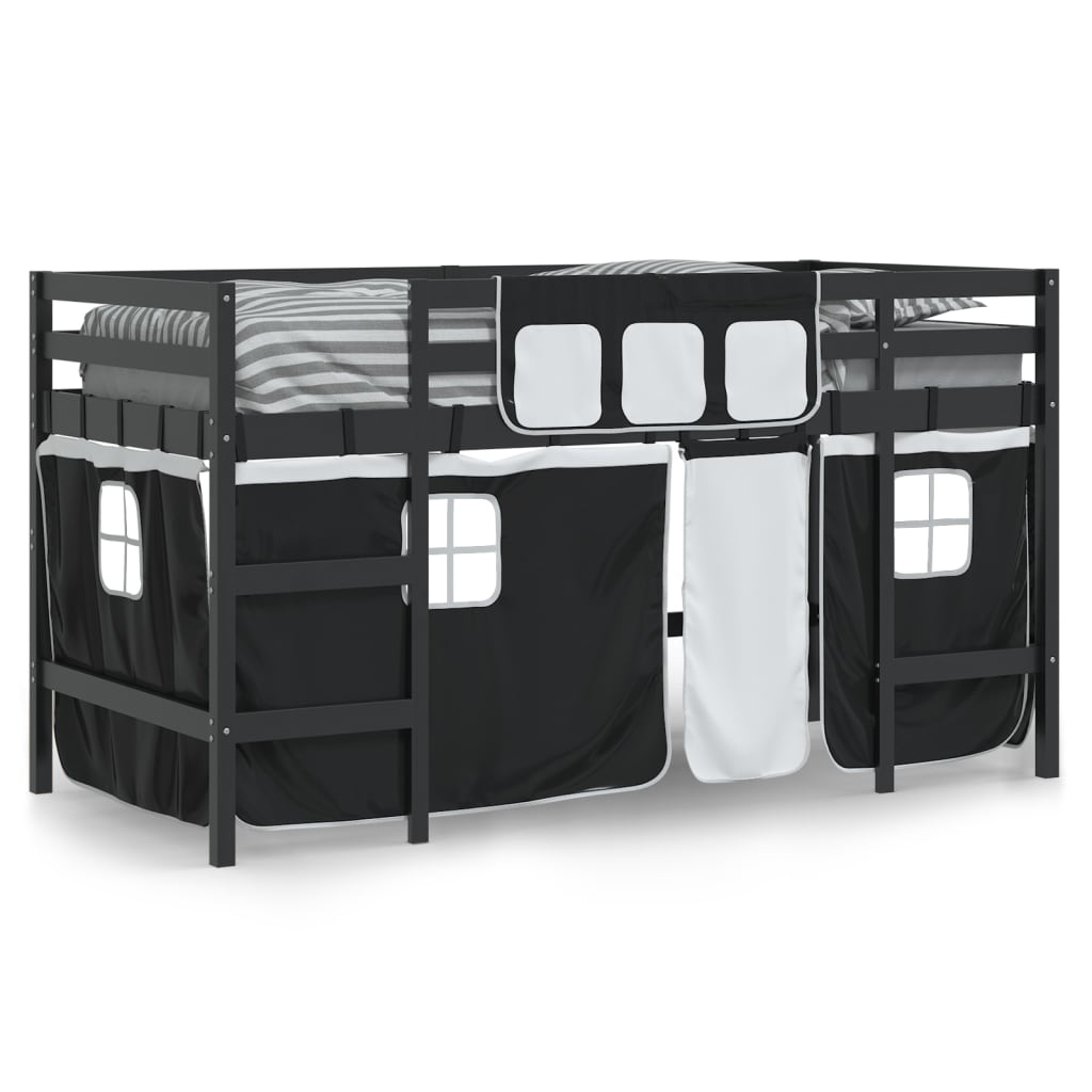 Kids' Loft Bed with Curtains White&Black 90x190cm Solid Wood Pine