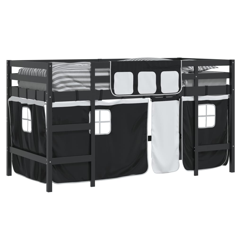 Kids' Loft Bed with Curtains White&Black 90x190cm Solid Wood Pine