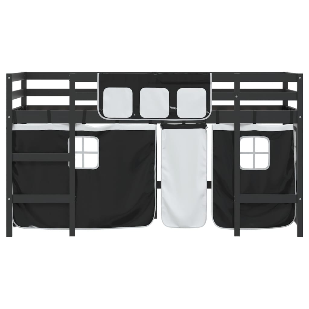 Kids' Loft Bed with Curtains White&Black 90x190cm Solid Wood Pine