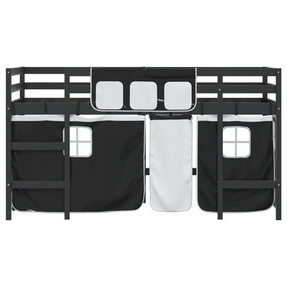 Kids' Loft Bed with Curtains White&Black 90x190cm Solid Wood Pine