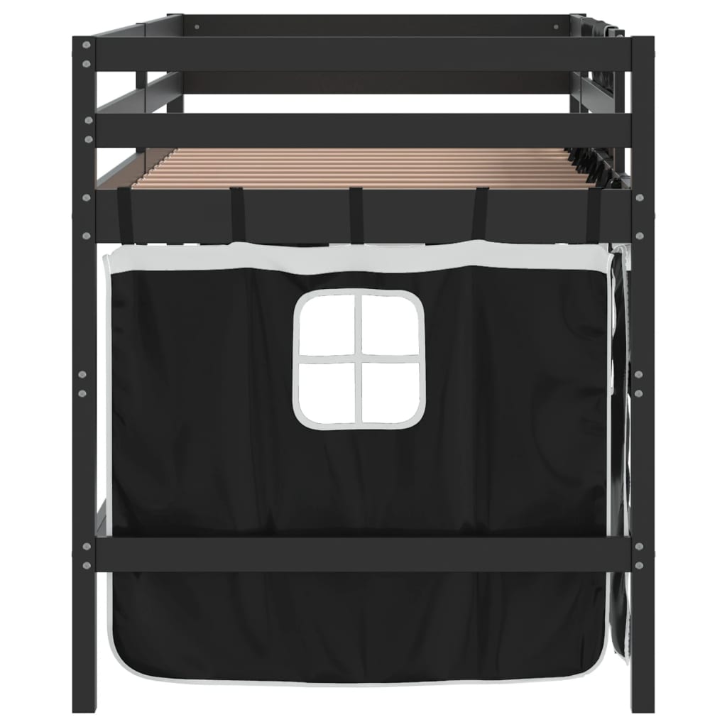 Kids' Loft Bed with Curtains White&Black 90x190cm Solid Wood Pine