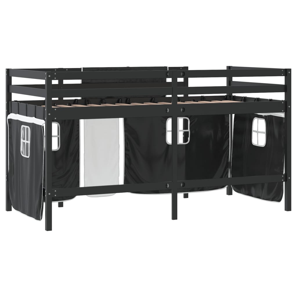 Kids' Loft Bed with Curtains White&Black 90x190cm Solid Wood Pine