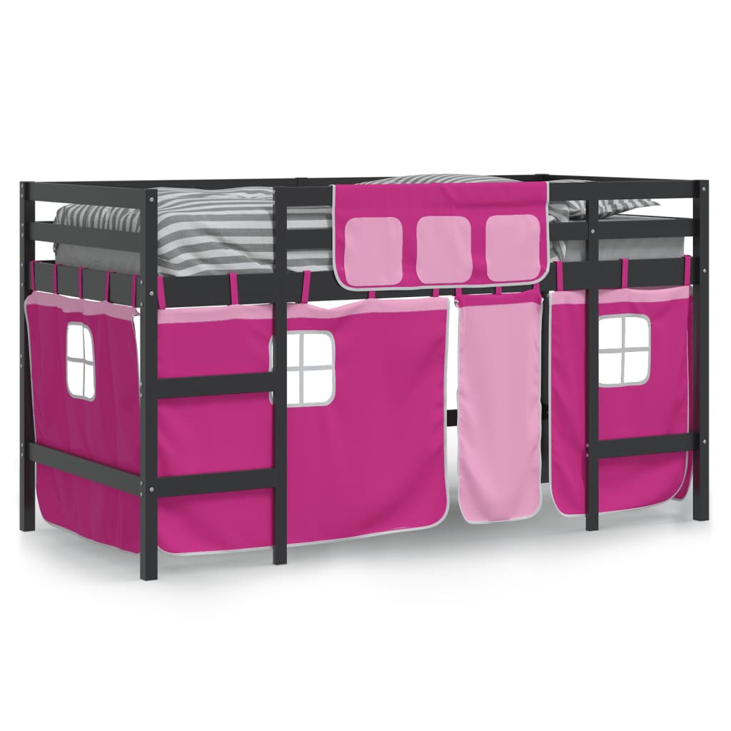 Kids' Loft Bed with Curtains Pink 90x190cm Solid Wood Pine