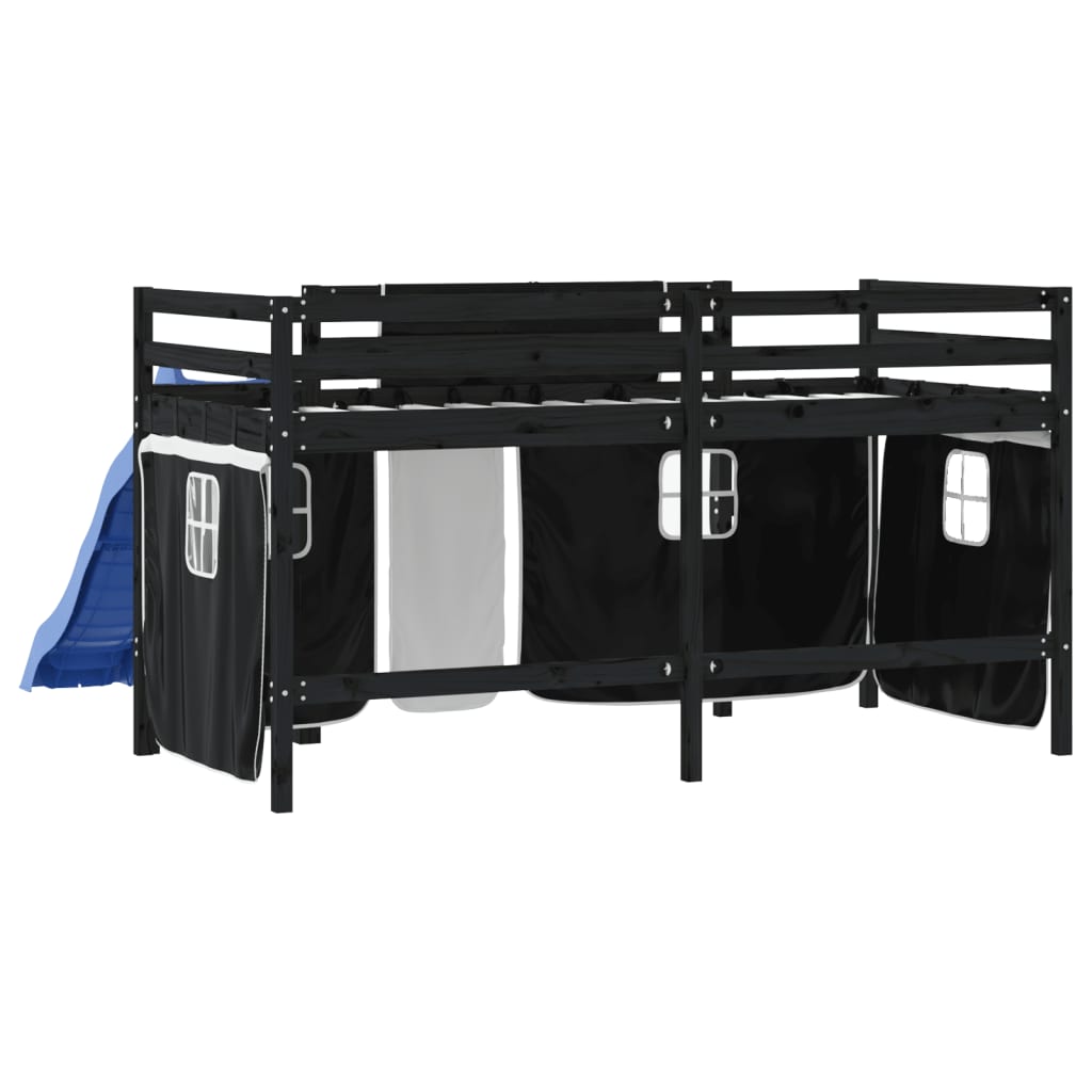 Kids' Loft Bed with Curtains White&Black 80x200cm Solid Wood Pine