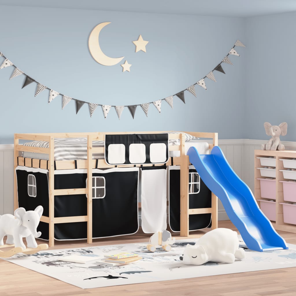 Kids' Loft Bed with Curtains without Mattress White&Black 90x200cm