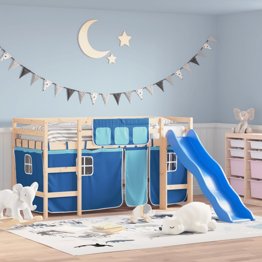 Kids' Loft Bed with Curtains without Mattress Blue 90x200 cm