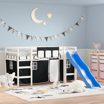 Kids' Loft Bed with Curtains without Mattress White&Black 90x200 cm