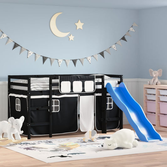 Kids' Loft Bed with Curtains White&Black 90x200cm Solid Wood Pine