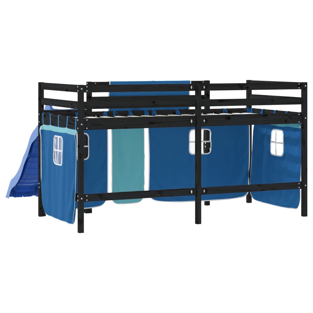 Kids' Loft Bed with Curtains Blue 90x200 cm Solid Wood Pine