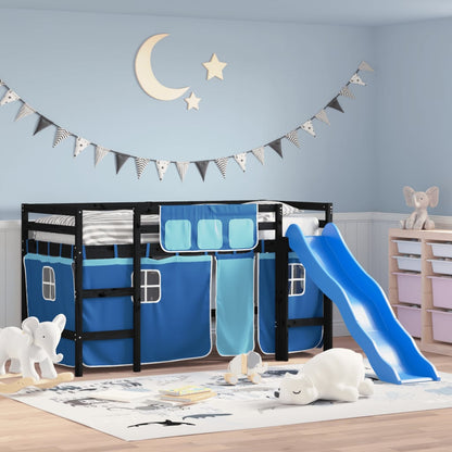 Kids' Loft Bed with Curtains Blue 90x200 cm Solid Wood Pine