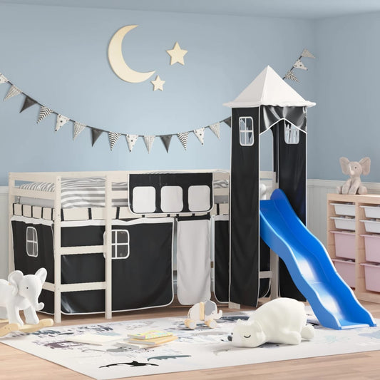 Kids' Loft Bed with Tower White&Black 80x200cm Solid Wood Pine