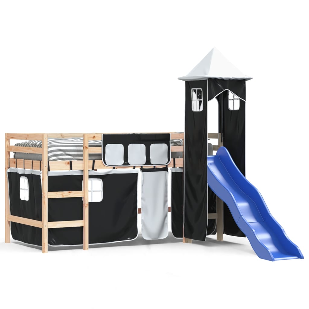 Kids' Loft Bed with Tower without Mattress White&Black 90x200cm