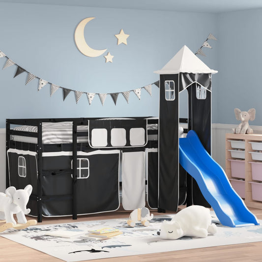 Kids' Loft Bed with Tower White&Black 90x200cm Solid Wood Pine