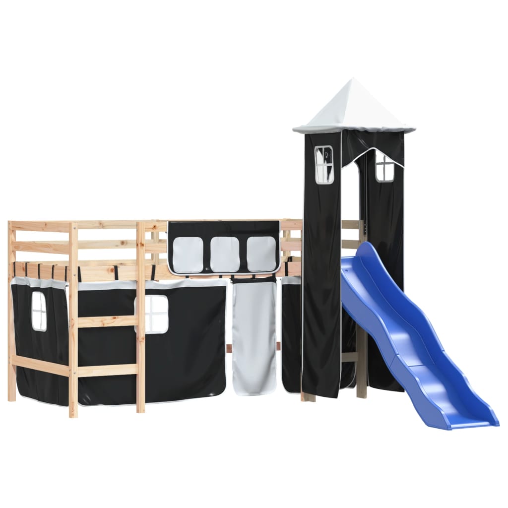 Kids' Loft Bed with Tower without Mattress White&Black 90x190cm