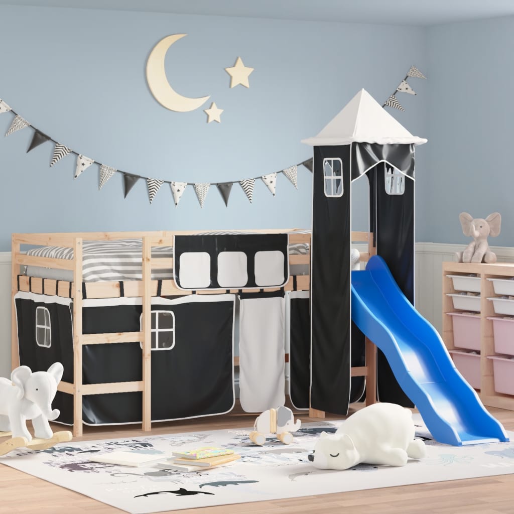 Kids' Loft Bed with Tower without Mattress White&Black 90x190cm