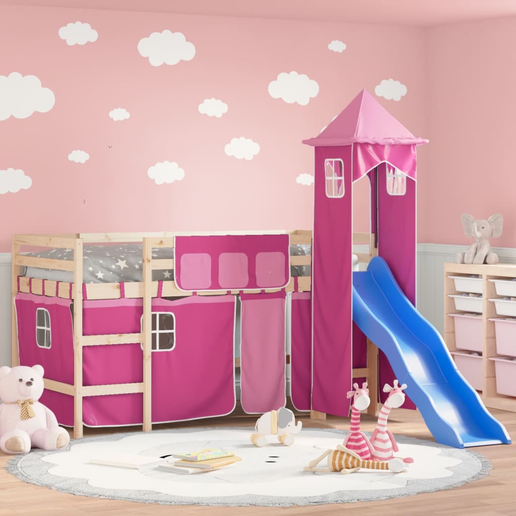 Kids' Loft Bed with Tower Pink 90x190 cm Solid Wood Pine