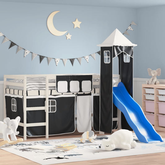 Kids' Loft Bed with Tower White&Black 90x190cm Solid Wood Pine