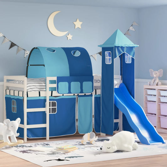 Kids' Loft Bed with Tower Blue 90x200 cm Solid Wood Pine