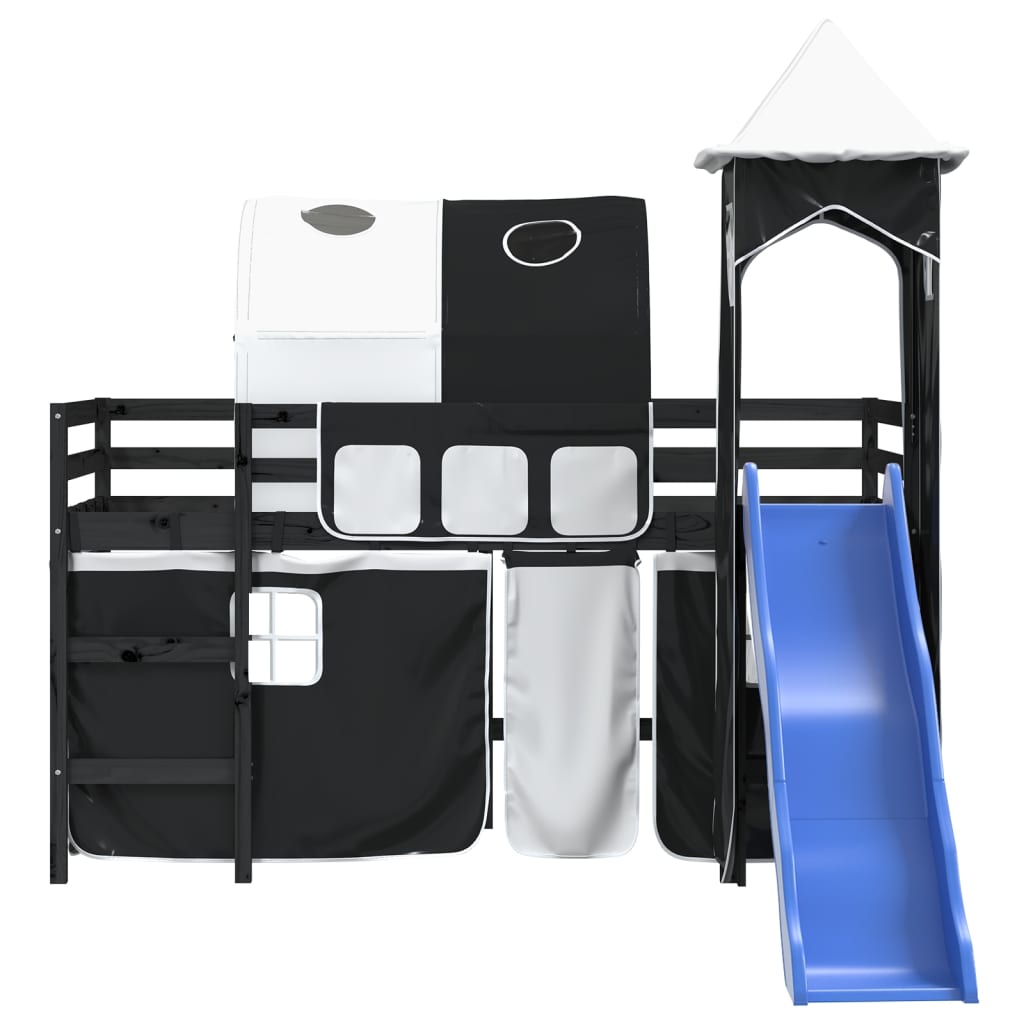 Kids' Loft Bed with Tower White&Black 90x190cm Solid Wood Pine