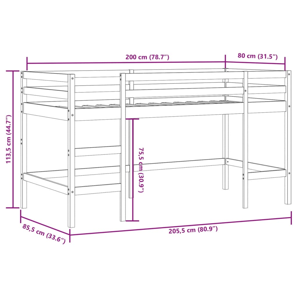 Kids' Loft Bed with Ladder 80x200 cm Solid Wood Pine