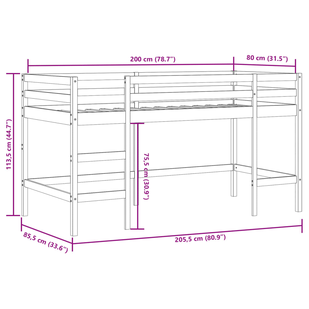 Kids' Loft Bed with Ladder White 80x200 cm Solid Wood Pine