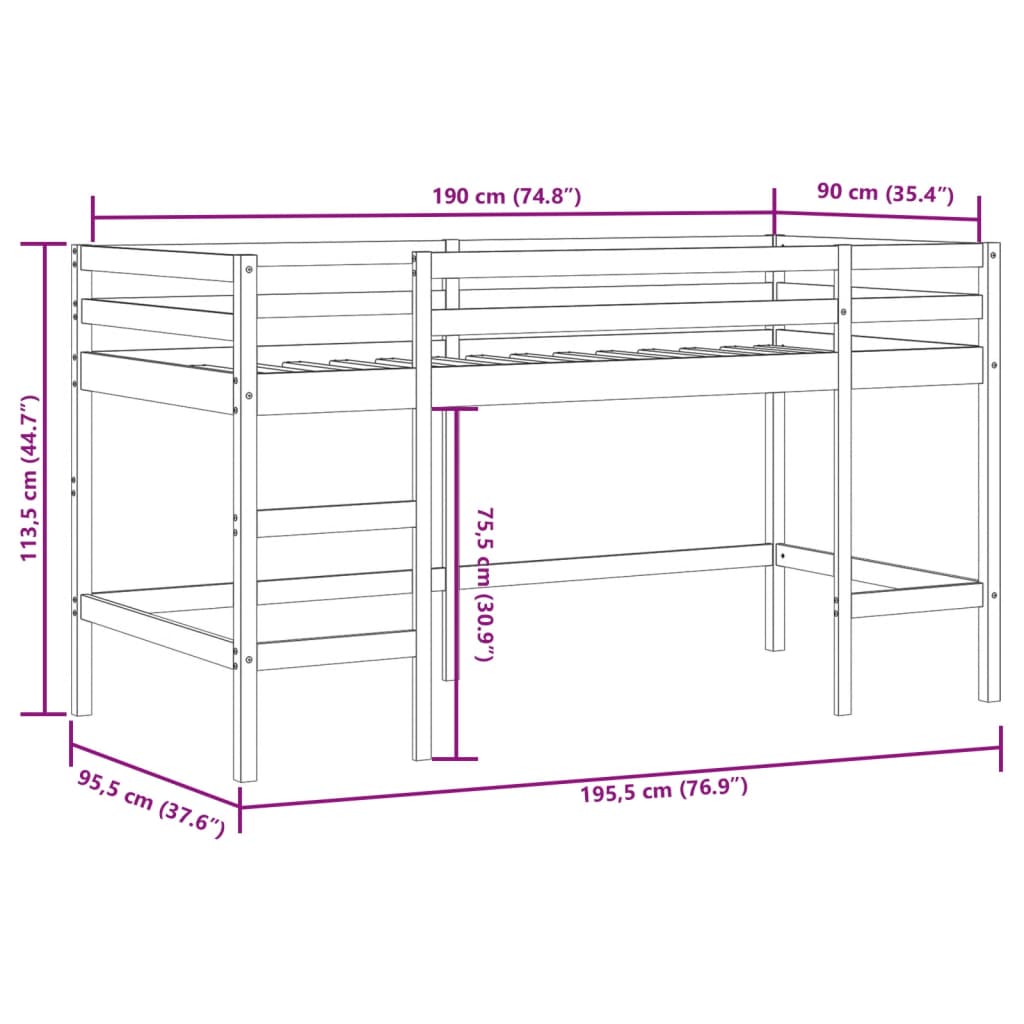 Kids' Loft Bed with Ladder 90x190 cm Solid Wood Pine